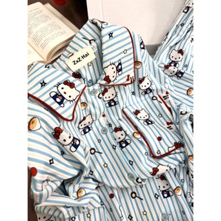 小柴兔~甜美條紋Kitty貓德絨睡衣女秋冬季加絨加厚ins學生冬天居家服套裝