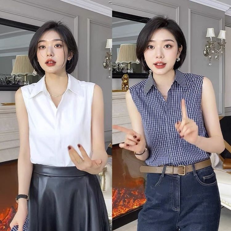 簡約百搭翻領襯衫 上衣 襯衫 內搭 襯衣 馬甲 背心女裝春季新款寬鬆休閒內搭無袖外穿 韓版女裝 春夏秋女裝 春夏裝