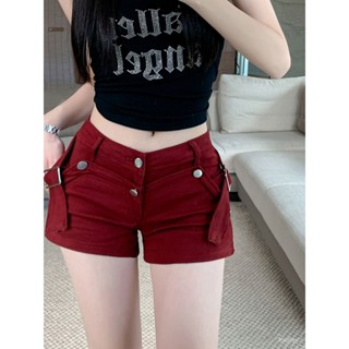 【換季上新】美式辣妹紅色設計感牛仔超短褲女新款低腰顯瘦氣質包臀熱褲子 性感短褲 熱褲 寬褲 韓係女褲 A字包臀 超短休閑