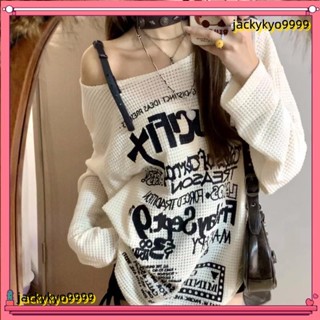 ✨限時秒殺💖慵懶風字母印花露肩上衣秋季新款寬鬆顯瘦長袖t恤女