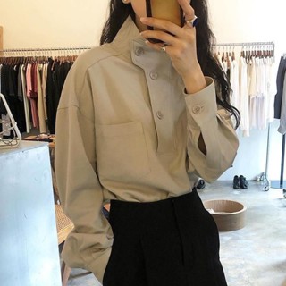 【小魚】韓國chic秋季小眾設計款立領斜扣寬鬆素色休閒百搭長袖襯衫上衣女