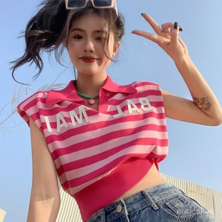Nico💖25050#polo領無袖背心T恤女夏2025新款甜辣條紋字母百搭短款上衣