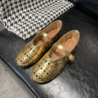娃娃鞋 懶人鞋 平底鞋 (225-255) 低跟 溫柔風 羊皮版～平底單鞋女圓頭鏤空一字帶平底瑪麗珍鞋淺口一字扣芭蕾舞