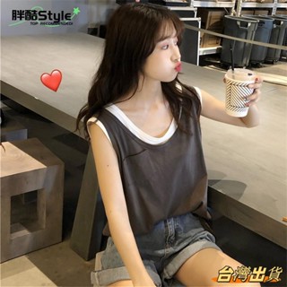 胖酷Style-大尺碼女裝 無袖t恤 寬鬆背心 150公斤內可穿 300斤大尺碼夏季外穿寬鬆韓版ins潮泫雅風假兩件上衣