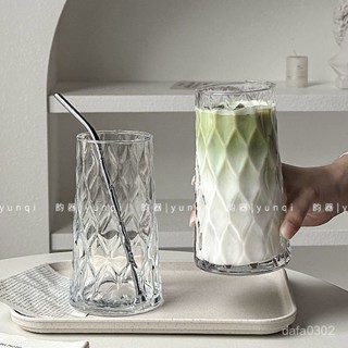 【居家生活用品】韻器大容量牛奶杯家用玻璃水杯高款菱葉果汁杯冷飲咖啡拿鐵冰美式