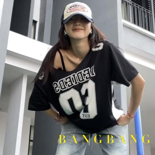 ✨BANGBANG✨美式複古夏季學院風印花休閒運動短袖T恤女寬鬆大版BF黑色上衣女 X7XQ