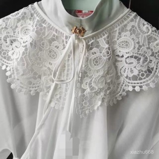 🌸蕾絲子母扣百搭披肩 漢服雲肩毛衣裝飾超僊小僊女鏤空假領 百搭點綴針織條紋披肩 高階毛線圍巾 毛線 保暖時尚圍巾