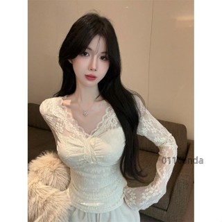 免運🌸秋冬小香風蕾絲打底衫內搭純欲性感v領鏤空上衣女