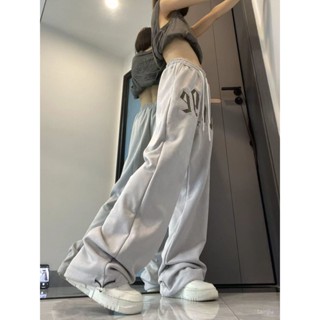 Caveman甄選 美式運動休閒灰色衛褲女hiphop闊腿寬鬆複古直筒褲子夏季款長褲