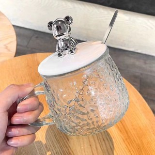 【新品推薦】小熊錘紋玻璃水杯簡約ins高顏值帶把帶蓋辦公室家用咖啡杯馬克杯