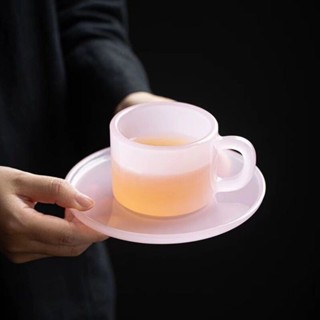 【新品推薦】粉色琉璃玉瓷咖啡杯耐熱禮盒送金色湯匙休閑送禮