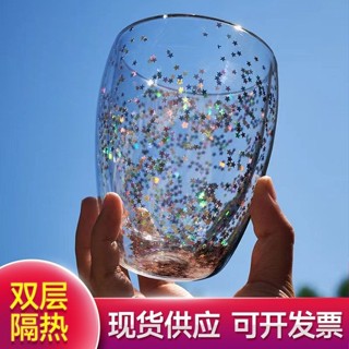 【新品推薦】創意星星高硼矽耐熱玻璃水杯帶把雙層隔熱 透明大容量咖啡杯