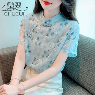 碎花短袖女上衣 休閒百搭 新中式雪紡襯衫女 改良旗袍短袖上衣時尚氣質碎花小衫