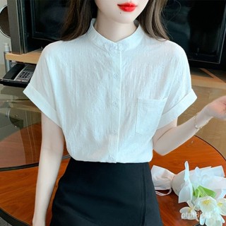 女裝 國風女裝 大尺碼女裝 短袖女 新中式立領盤扣設計感小眾純棉襯衫女夏季年新款氣質短袖上衣
