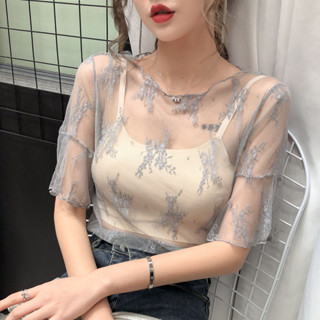 𝐋𝐢𝐭𝐭𝐥𝐞 透視性感蕾絲衫女 短袖T恤 INS薄紗內搭紗衣 氣質鏤空網紗上衣 韓版夏季女裝