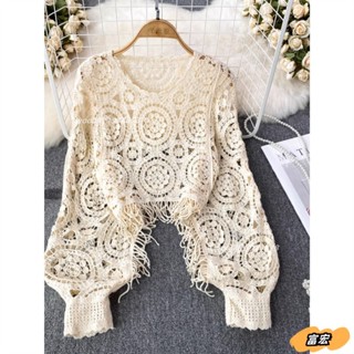 復古民族風圓領流蘇刺繡花鏤空蝙蝠袖短版套頭針織衫罩衫女休閒上衣woo0921913878