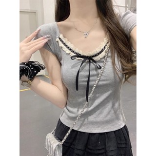 𝑩𝑮 甜美蕾絲短袖女 蝴蝶結拚接短袖T恤女 夏季新款純慾風顯瘦短款上衣 花邊修身上衣 女裝