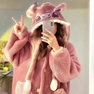 楚楚家♥大尺碼 史迪仔睡衣女冬季珊瑚絨睡袍加厚刷毛學生睡裙長款浴袍可外穿冬天 韓版女裝 寬鬆 慵懶風