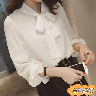 【免運出貨】M-4XL 大尺碼上衣 長袖襯衫 春裝韓版大碼襯衫蝴蝶結公主袖百搭雪紡上衣繫帶襯衣女sdfd