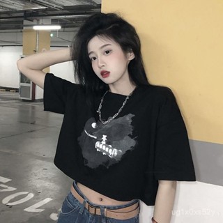歐美夢境火車五分袖上衣 女生 短版上衣 落肩上衣 短款露臍辣妹上衣 短袖T恤  0QKC