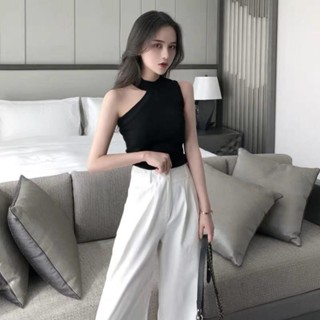 SF 韓版夏季斜肩掛脖吊帶性感小心機露肩無袖修身背心針織衫上衣女