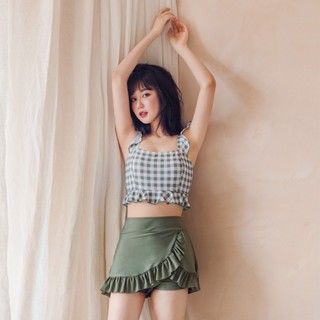 🔥熱銷特賣🔥顯瘦顯白綠格子兩截式泳衣 裙褲式少女泳裝 保守型泳裝 可愛泳衣 分體泳裝 有胸墊無鋼圈 泡湯溫泉度假