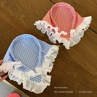 【悅居】【3456人好評】紅藍格子頭巾發箍蕾絲三角巾女包頭田園風發帶高階感海邊拍照頭箍