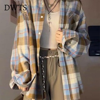 [DWTS🌼]美式復古格子襯衫女2024早秋季新款法式內搭襯衣外套寬松休閑上衣女裝 顯瘦上衣女裝 衣服 外套