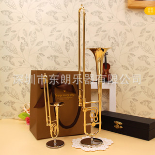 銅鍍金迷你長號模型 家居擺件裝飾品 樂器工藝品供應長號胸針