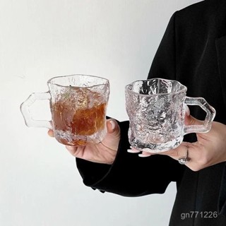 玻璃杯🍸冰川玻璃杯ins風帶把手喝水杯子 女高顔值美式咖啡杯 高階家用杯子 家用商用冷飲杯 奶茶咖啡杯 美式澳白杯