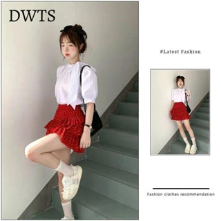 臺灣出貨[DWTS]法式時尚紅色碎花小眾不規則蛋糕裙新款小個子松緊腰半身裙短裙子百搭裙子 褲裙 瘦
