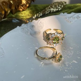 🌸臺灣極速48h滿160出貨vintage中古戒指女ins橄欖綠鋯石食指戒複古輕奢高級法式開口指環優品 PZMV