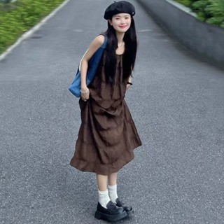 菩提緣精選甜美清新小個子復古咖色吊帶洋裝女學生夏季遮肉休閒中長款裙子