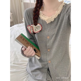 🌹限量購🌹印花 時尚 休閒 舒適 日係 ins 條紋睡衣 女春秋季 長袖 長褲 甜美 蕾絲花邊 公主風 家居服 套裝 H