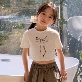 💕洋洋兒童店💕 女童短袖上衣 兒童短袖 女童韓係洋氣美拉德夏季新品時尚高腰短款修身短袖T恤中大童上衣 女童短袖T恤