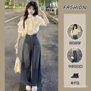 新品 套裝女 套裝夏天 【店鋪熱銷】純慾辣妹套裝女2025夏季韓版荷葉邊短袖襯衫上衣牛仔闊腿褲兩件套 OF3C