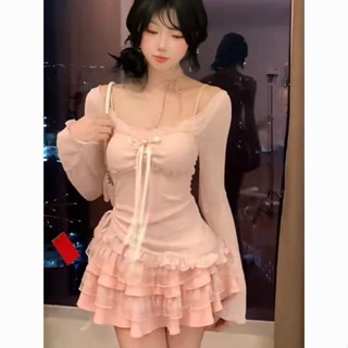 免運 ins韓國風 芭比穿搭 多巴胺穿搭 粉色係裙裝 春夏軟妹可愛蕾絲小吊帶粉色連衣裙女甜美收腰上衣純慾風兩件套裝