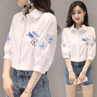 民族風服飾 上衣 桃園出貨 中國風 民族風上衣 棉質白襯衫女短袖刺繡花鳥民族風夏裝新款襯衣中袖上衣打底衫