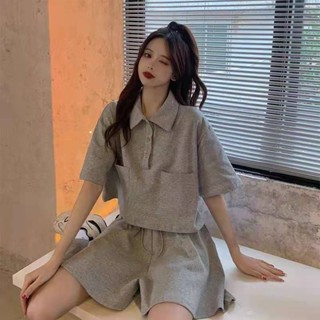 polo衫短袖短褲運動套裝女夏季寬鬆休閒跑步服兩件套夏天女套裝 春季套裝 一整套女裝 兩件套女裝 法式套裝 韓式套裝