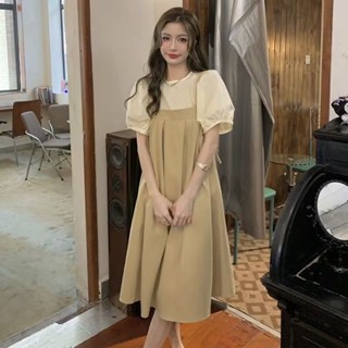 Ulove🌸背帶裙 洋裝 吊帶連身裙 大尺碼洋裝 連衣裙 夏季學院甜美背帶連衣裙學生新款減齡寬鬆中長款泡泡兩件套套裝