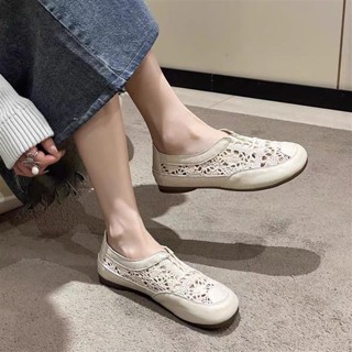 😀限時5折😀免運鏤空蕾絲護士鞋一腳蹬女鞋漁夫鞋中年媽媽鞋軟底舒適皮鞋女平底鞋