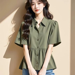 (臺灣出貨)SY綠色短袖襯衫女新款夏季爆款小衫超好看獨特漂亮法式收腰氣質短袖上衣翻領上衣純色上衣