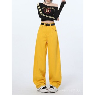 新店熱銷🉐 美式闊腿黃色彎刀牛仔褲女2025春夏新款高腰寬鬆顯瘦拖地直筒褲子 1SOP