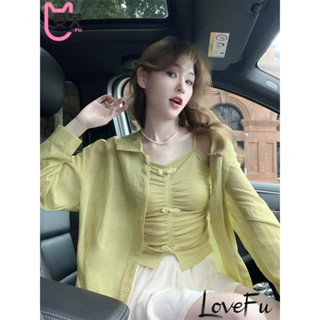 【春夏套裝熱銷】時尚洋氣防曬襯衫女夏季設計感寬松中長款遮肚上衣吊帶背心兩件套Lxip~