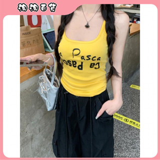 🔥臺灣出貨快🔥特大碼300斤美式辣妹黃色字母吊帶小背心女夏季打底運動上衣外穿2