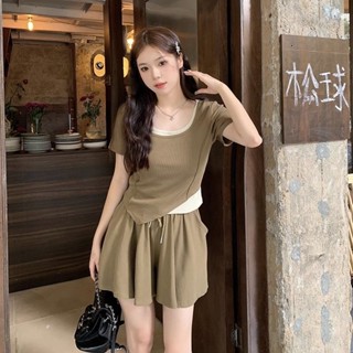 ⚡大碼套裝⚡大碼女裝 胖MM休閒運動套裝女 夏季女裝 假兩件短袖上衣 顯瘦遮肉 鬆緊闊腿褲子兩件套 休閑套裝 大尺碼套裝