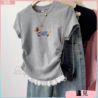 臺灣出貨🍓灰色 蕾絲 花邊 小狗 韓國女裝 短袖上衣女 正肩 t恤 短板收腰上衣 正韓貨女裝 正肩上衣 短版上衣