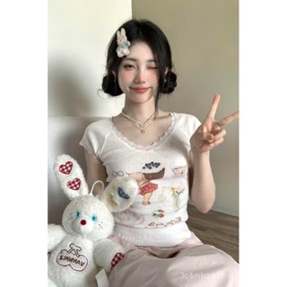 ⭐新款限時低價🔥短袖女 修身 純慾 顯瘦 白色短款T恤女夏季卡通印花修身顯瘦圓領短袖蕾絲花邊純慾風上衣