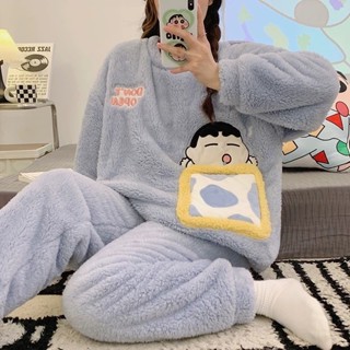 (典藏私櫥)蠟筆小新冬季加厚睡衣 法蘭絨睡衣 睡衣套裝 卡通可愛睡衣 毛絨睡衣 冬天睡衣 加絨保暖 加厚居家服套裝