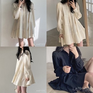 🛒臺灣出貨🛒韓國chic春季娃娃裙 洋裝🌸短款翻領🔥泡泡袖褶皺寬鬆氣質連衣裙